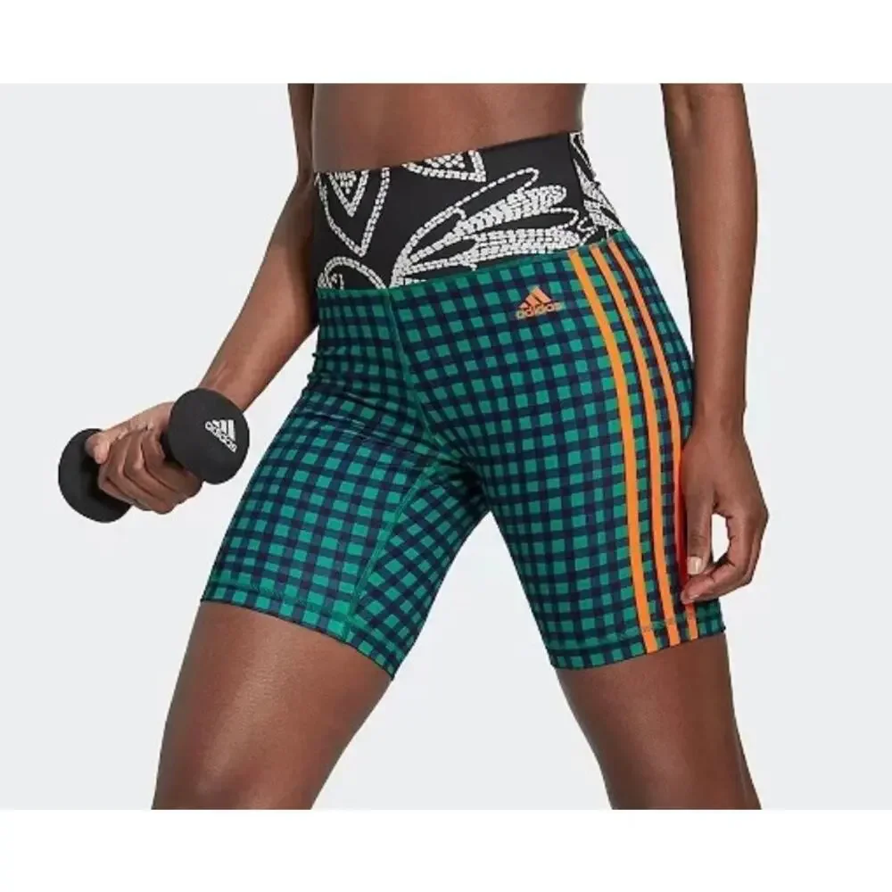 Adidas x FARM Rio High Rise Biker Shorts Colorful Check Print Womens XS NWT - Picture 2 of 6